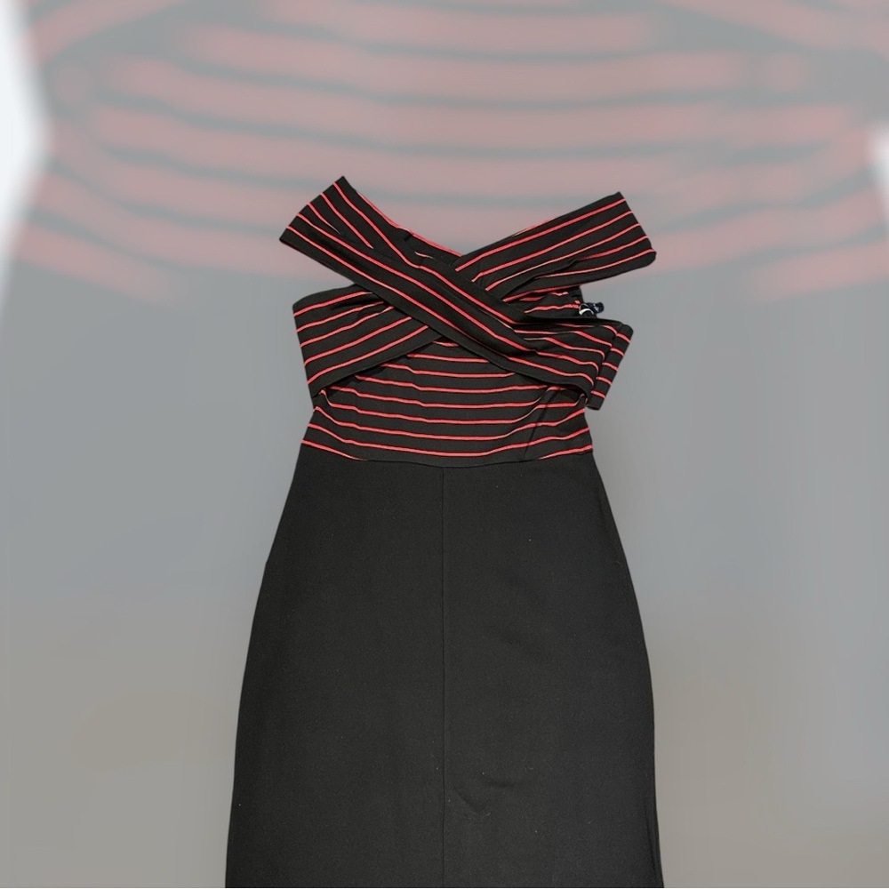 Tristan Elegant Black and Red Striped Off Shoulder Dress
Size M